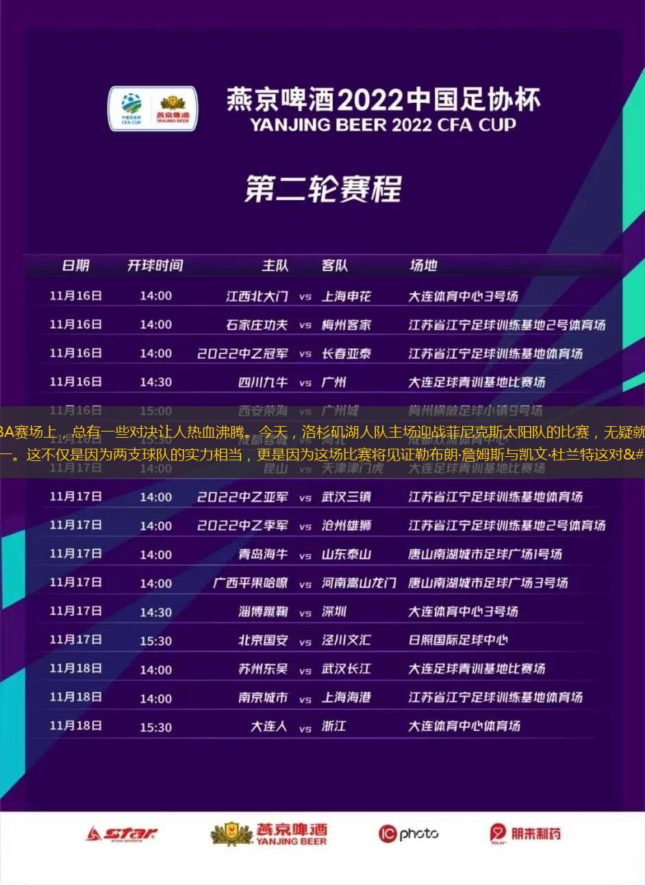 在NBA赛场上，总有一些对决让人热血沸腾。今天，洛杉矶湖人队主场迎战菲尼克斯太阳队的比赛，无疑就是其中之一。这不仅是因为两支球队的实力相当，更是因为这场比赛将见证勒布朗·詹姆斯与凯文·杜兰特这对�